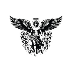 Obraz premium angel male with victorian flourish decoration in black and white illustrations, cutout graphic