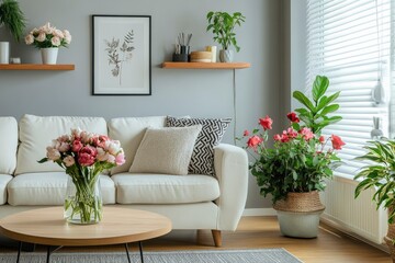 Sofa, decor on shelves, table with flowers in vase and picture on grey wall in interior of living room, ai