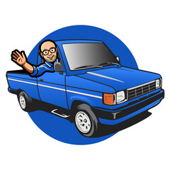 Cartoon vector illustration of a man in glasses waving from inside a blue pick-up car. This illustration is suitable for use in various design projects, including promotional media