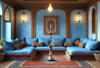 Fototapeta premium A modern hookah room with soft sofas and blue walls, a cozy place to relax in the trend of modern fashion.