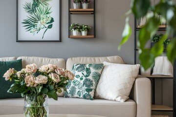 Sofa, decor on shelves, table with flowers in vase and picture on grey wall in interior of living room, ai