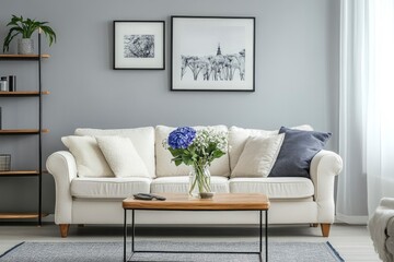 Sofa, decor on shelves, table with flowers in vase and picture on grey wall in interior of living room, ai