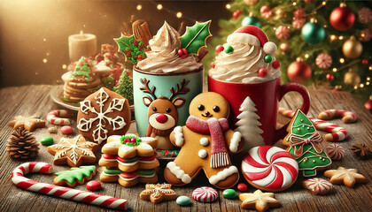 A colorful New Year's Eve concept with chocolate cream drinks, candy canes and cinnamon and ginger cookies