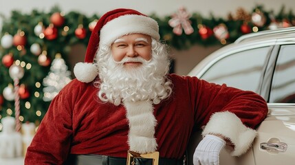 A man dressed as Santa Claus is posing for a picture next to a car