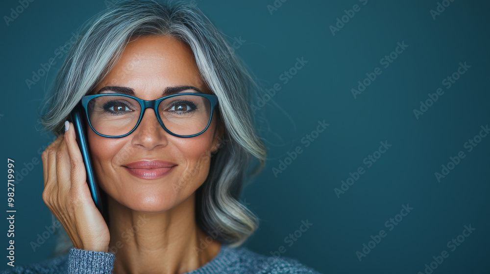 Sticker Smiling woman with gray hair talking on the phone.