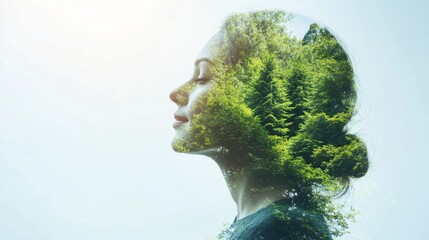 Concept of environment caring devotion, business sustainability and global warming protection shown by woman and green forest double exposure image
