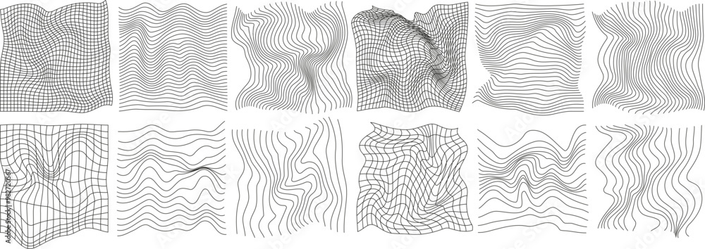 Poster set of geometry wireframe grid on transparent background. 3d abstract posters, patterns, cyberpunk e