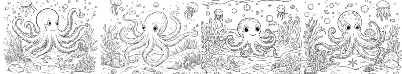 Modern underwater graphic sea sketch illustration in black and white