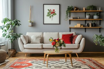 Fototapeta premium Sofa, decor on shelves, table with flowers in vase and picture on grey wall in interior of living room, ai
