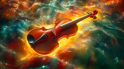 Fototapeta premium A 3D violin floating in a dreamy, swirling backdrop of colorful light and sound