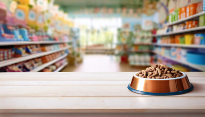 Fototapeta premium empty table with copy space. entrance to veterinary store for animals with toys, food, medicines for pets in the shopping center
