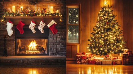 A fireplace and decorated Christmas tree side by side, with stockings hanging from the mantle, and the room glowing with festive warmth.