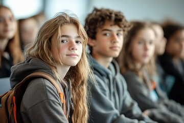 Fototapeta premium Teenage students in a middle school during a lesson, diverse pupils at desks, teens in communication in classroom