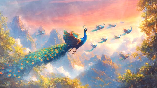 Flock of peacocks flying through a vibrant sky over a mountain landscape. Seamless looping 4k time-lapse animation video background.