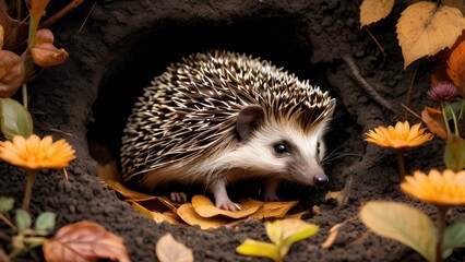 Fototapeta premium Hedgehog finding comfort in a warm, snug burrow as the autumn leaves surround its cozy shelter, offering protection and warmth.
