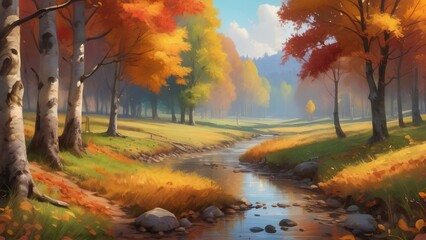 Painter immersed in creating artwork amidst autumn's colorful scenery. The vibrant fall hues inspire creativity, blending nature's palette with artistic expression