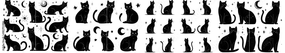 Wall mural wiccan familiar. set of black cats with stars, moon, evil eye. modern illustration of magic kitten o