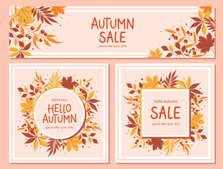 Hello autumn sale. Banner set with leaves. Bright poster, flyer with invitation for shopping, template offer of discounts deals. Vector Illustration