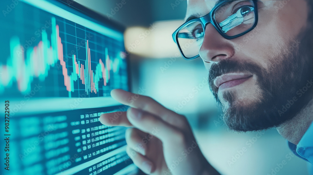 Poster A man in glasses looks intently at a computer screen displaying a financial chart.