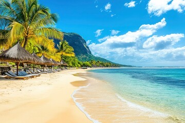 Naklejka premium Paradise beach resort with palm trees and and tropical sea in Mauritius island. Summer vacation and tropical beach concept. Sandy beach with Le Morne beach on Mauritius island. Tropical landscape, ai