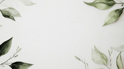 A minimalist botanical frame featuring soft watercolor leaves and subtle floral accents around the edges, set on a clean white background for an elegant and modern wedding invitation.
