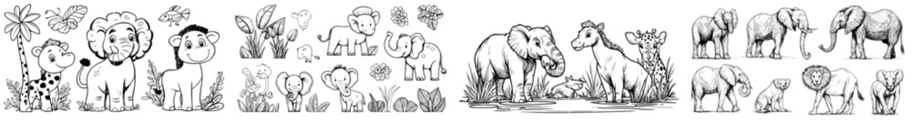 The African Animals outline icons set is composed of line drawings of zoo and wild animals of Africa, such as hippopotamus monkey lion zebra giraffe elephant crocodile rhino snake.