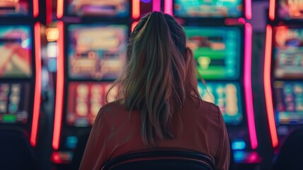 Obraz premium woman with her back in front of a slot machine in a casino