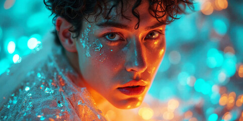 Fine art fashion photography of a young male portrait embodying Mother Nature, with an uncanny valley vibe. Features mirrors, vibrant colors, iridescent style, and reflective light effects