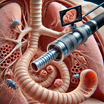 3D Model human trachea anatomy: process of bronchoscopy, where a flexible camera is inserted into the trachea to examine the airway. tracheal walls, mucus, any potential blockages or abnormalities.