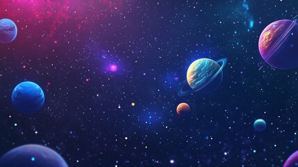 Naklejka premium Cosmic background with colorful planets against the glowing stars. Abstract universe cover design. Starry night sky with fallen star. Deep cosmos. Black outer space