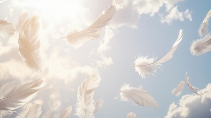 Soft, fluffy white feathers gently floating through a bright sky, creating a light and ethereal atmosphere.