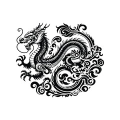 Fototapeta premium asian dragon with victorian flourish decoration in black and white illustrations, cutout graphic