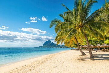 Paradise beach resort with palm trees and and tropical sea in Mauritius island. Summer vacation and tropical beach concept. Sandy beach with Le Morne beach on Mauritius island. Tropical landscape, ai