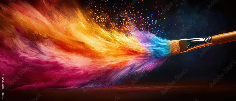 Aufkleber a vibrant paintbrush stroke creating an explosion of colorful paint on a dark background, symbolizin