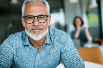 Smiling mature man in glasses sitting at his desk.