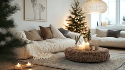 A Scandinavian cozy Christmas design featuring minimalist decor, warm lighting, and natural materials like pine branches and candles.