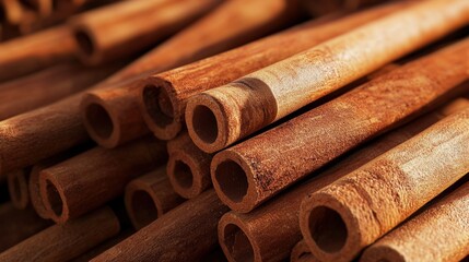 Cinnamon sticks piled, highlighting their warm colors and rich textures in natural light
