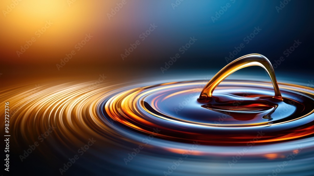 Leinwandbilder Abstract water drop creating ripples on a colorful surface with vibrant lighting. Ideal for concepts of fluidity, tranquility, and motion.