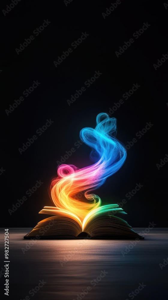 Poster an open book with colorful, swirling light rising from its pages against a dark background, symboliz