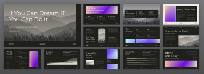 Creative Powerpoint presentation template set. Modern Keynote presentation background, brochure cover design, brand guidelines, proposal presentation, annual report, company profile, pitch deck.