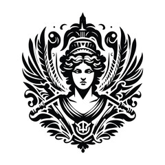 Athena goddess with victorian flourish decoration in black and white illustrations, cutout graphic