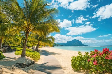 Paradise beach resort with palm trees and and tropical sea in Mauritius island. Summer vacation and tropical beach concept. Sandy beach with Le Morne beach on Mauritius island. Tropical landscape, ai