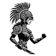 Fototapeta premium aztec warior female with victorian flourish decoration in black and white illustrations, cutout graphic