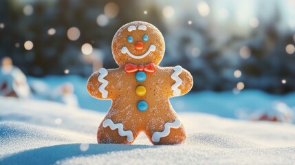 3D representation of a colorful gingerbread man with detailed icing decorations, standing on a snowy surface