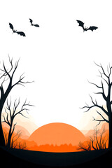 Halloween scene with bats, trees, and a sunset on a white isolated background.