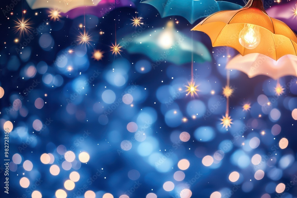 Poster Colorful umbrellas and lights on a dreamy bokeh background creating a whimsical and magical atmosphere.