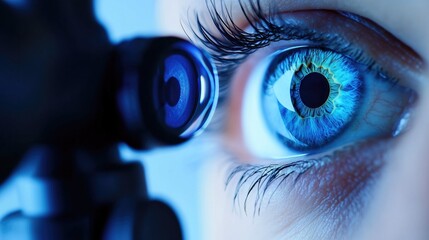 Ophtalmologist visit with close up eye photo healthcare and sight health futuristic optics advertising