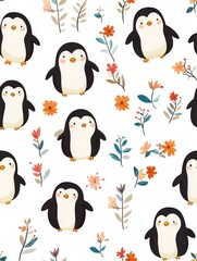 Obraz premium Cute seamless pattern with hand-drawn penguins and flowers, perfect for children's textiles, wallpapers, and decor.