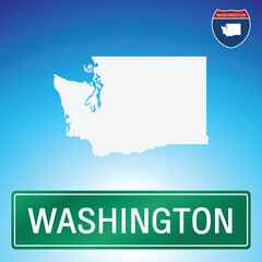 A simple road sign for Washington with a map of the state in the background. The sign is green with white lettering, and the map is white with a blue gradient background.