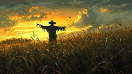 Fototapeta premium A suspenseful, windy evening in a cornfield where shadows lengthen, the wind howls through the crops, and the scarecrow stands like a lone sentinel.
